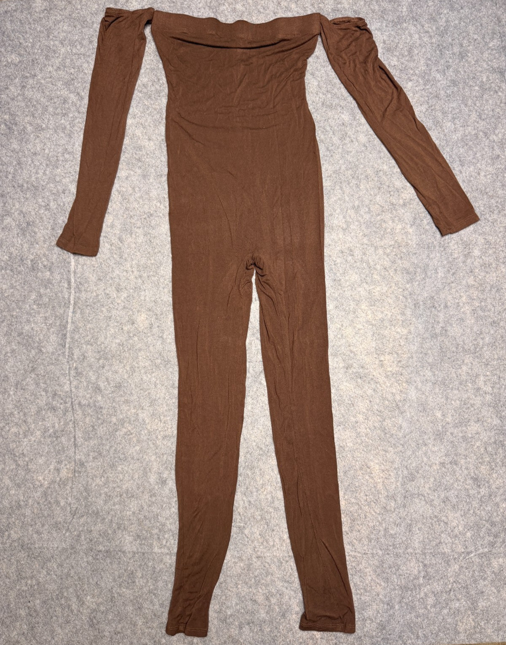 Fashion Nova Brown Solid Off Shoulder Long Sleeve Catsuit One-Piece S